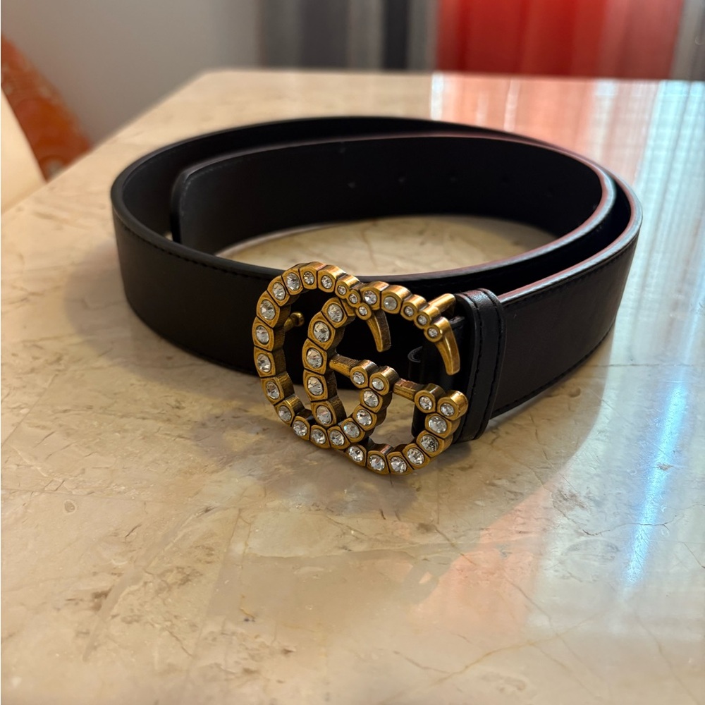 Gucci Black Belt with Gold Crystal Buckle